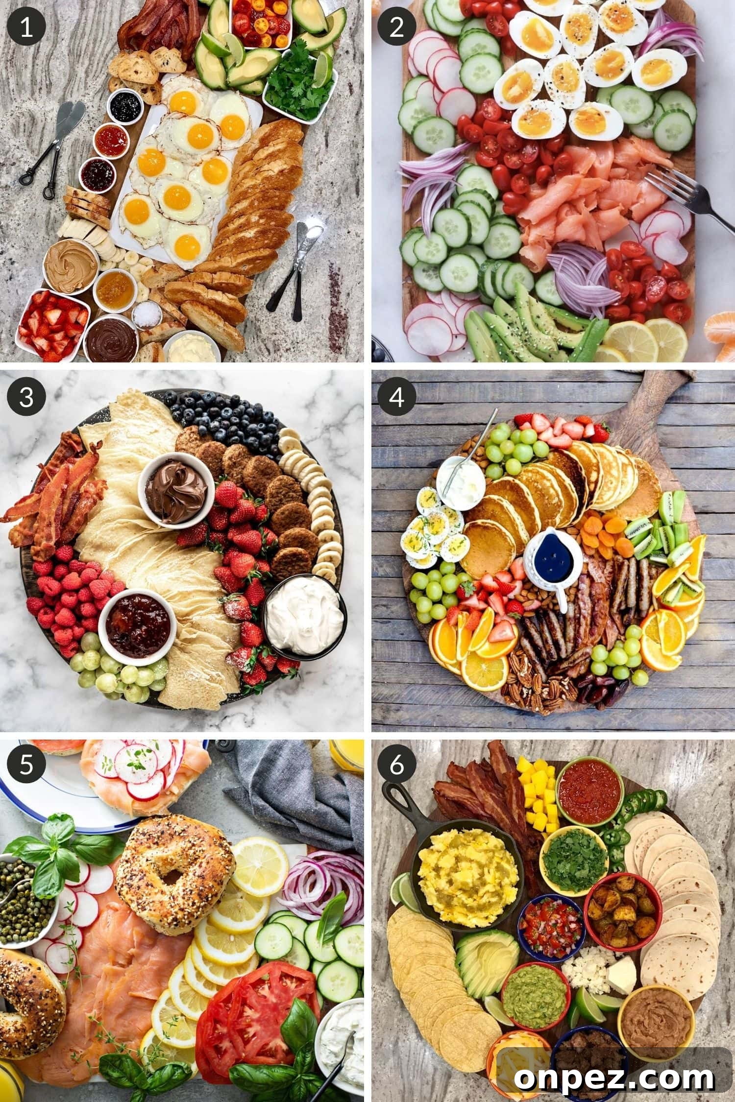 Collage of breakfast board inspiration from different bloggers.