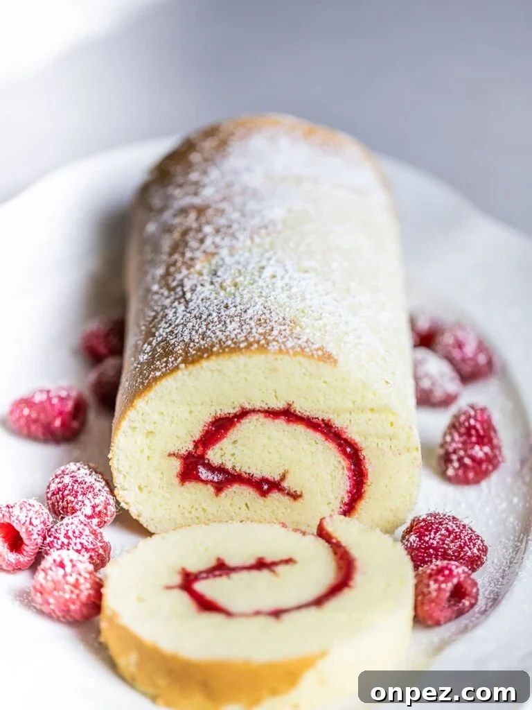 swiss roll cake with raspberries on white plate