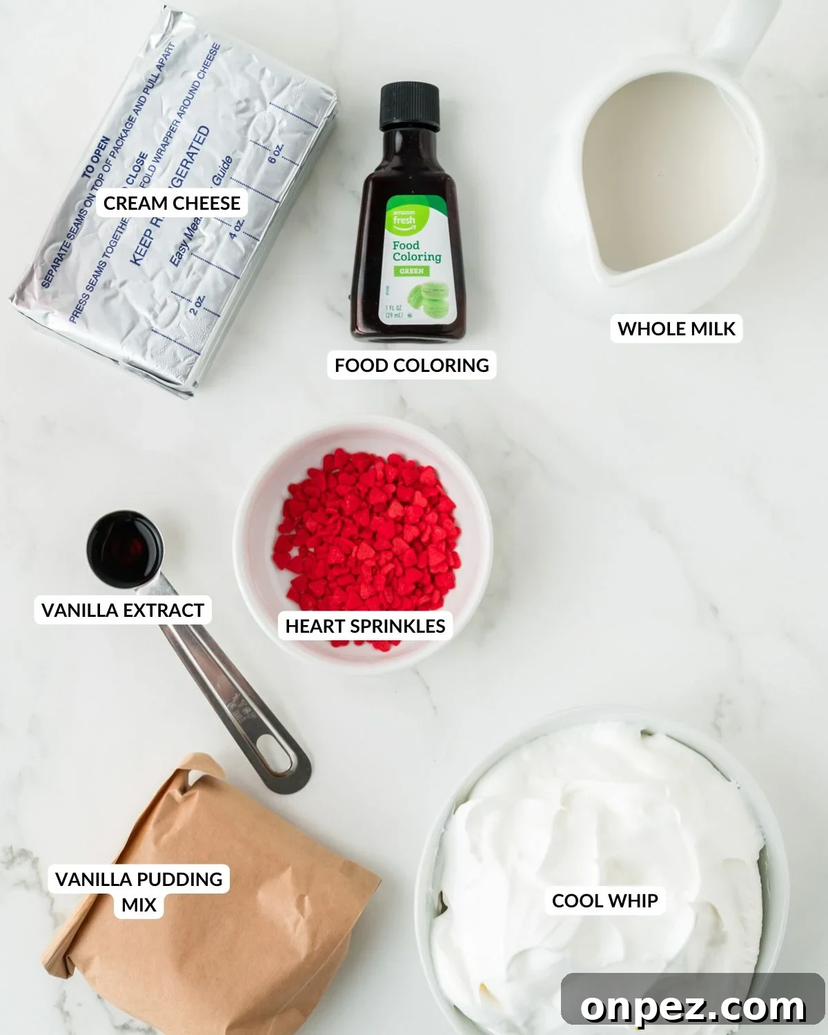 Creamy Grinch Dip Recipe for Holiday Parties 3 An overhead image of the ingredients of grinch dip.