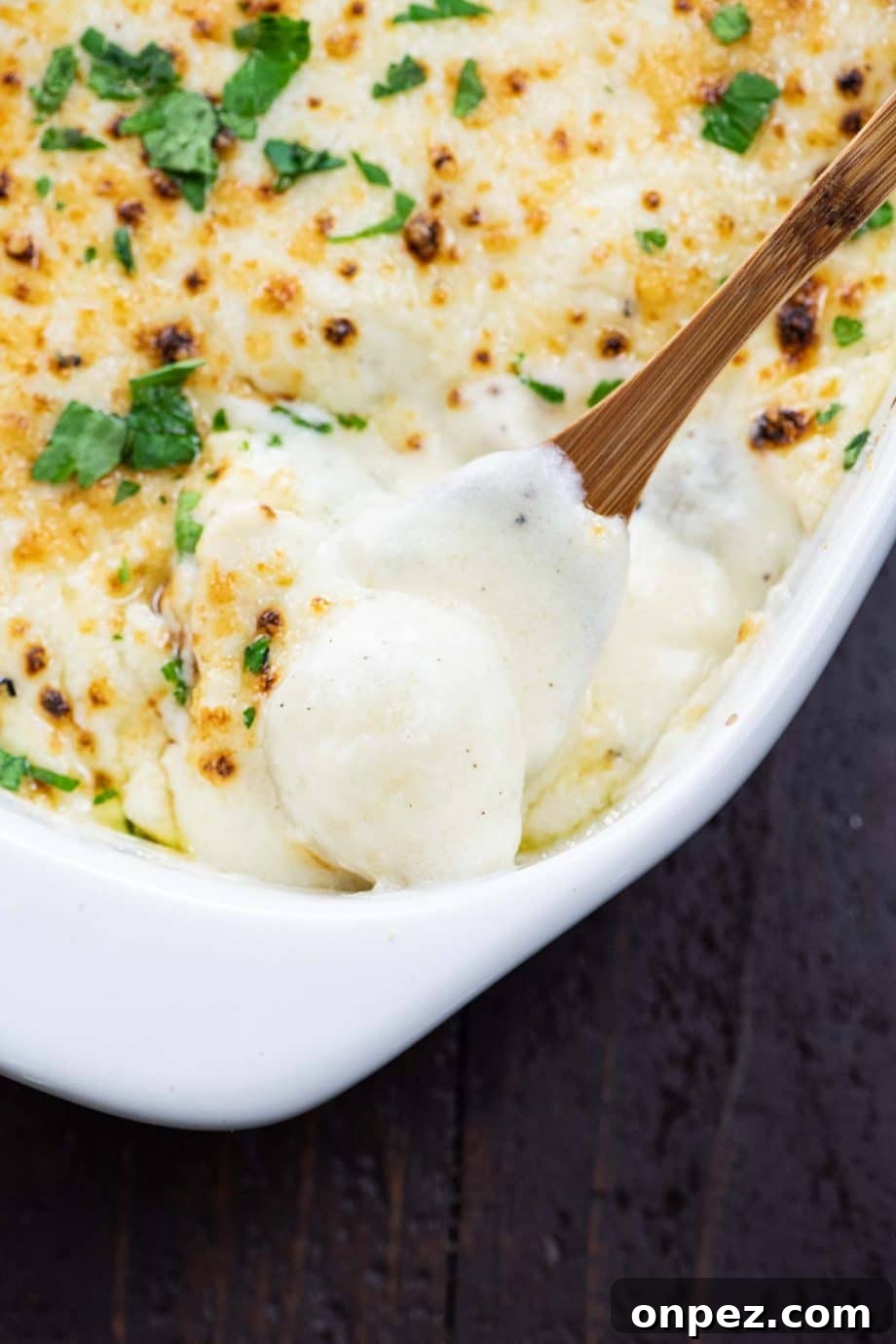 creamed pearl onions in a baking dish