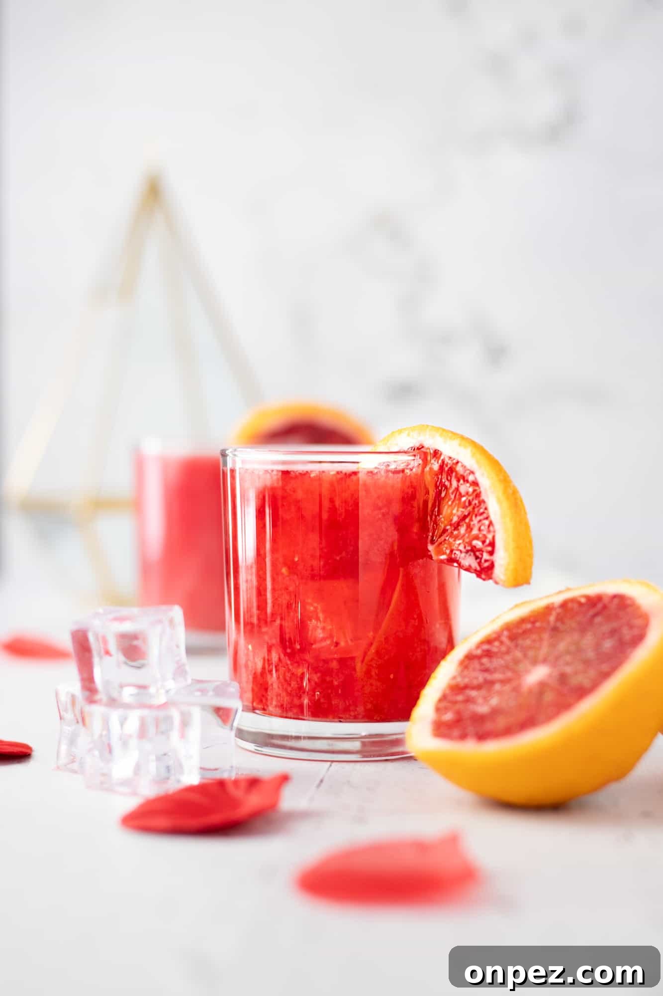 Glass of blood orange whisky sour, garnished with a slice of blood orange, with an orange slice ice cubes and rose petals in the foreground.
