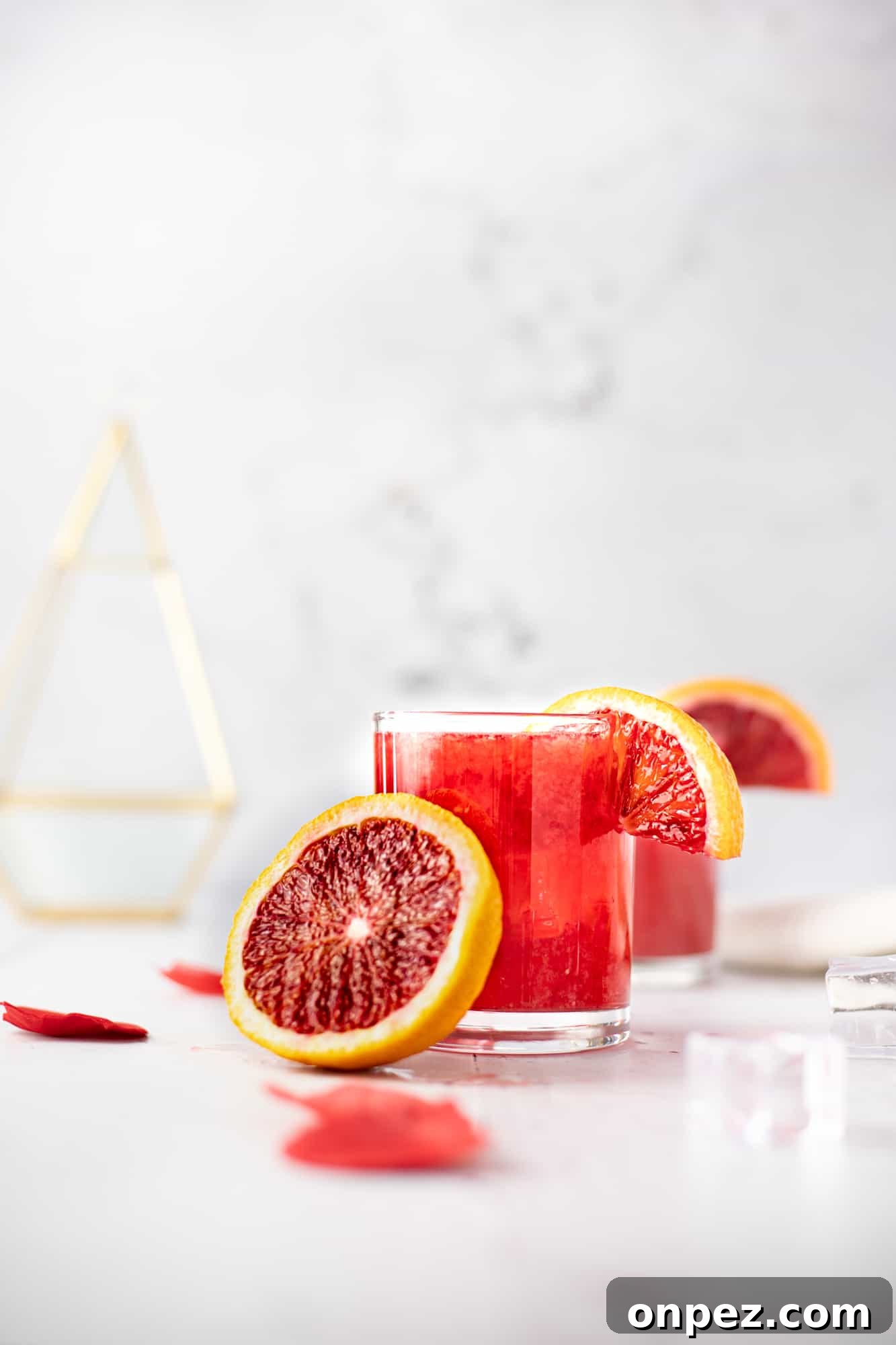 A glass of blood orange whiskey sour with half a blood orange leaning against the glass and rose petals scattered on the table