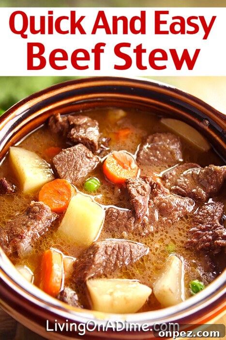 Hearty homemade beef stew made in the crockpot or on the stovetop with tender beef, potatoes, and carrots.