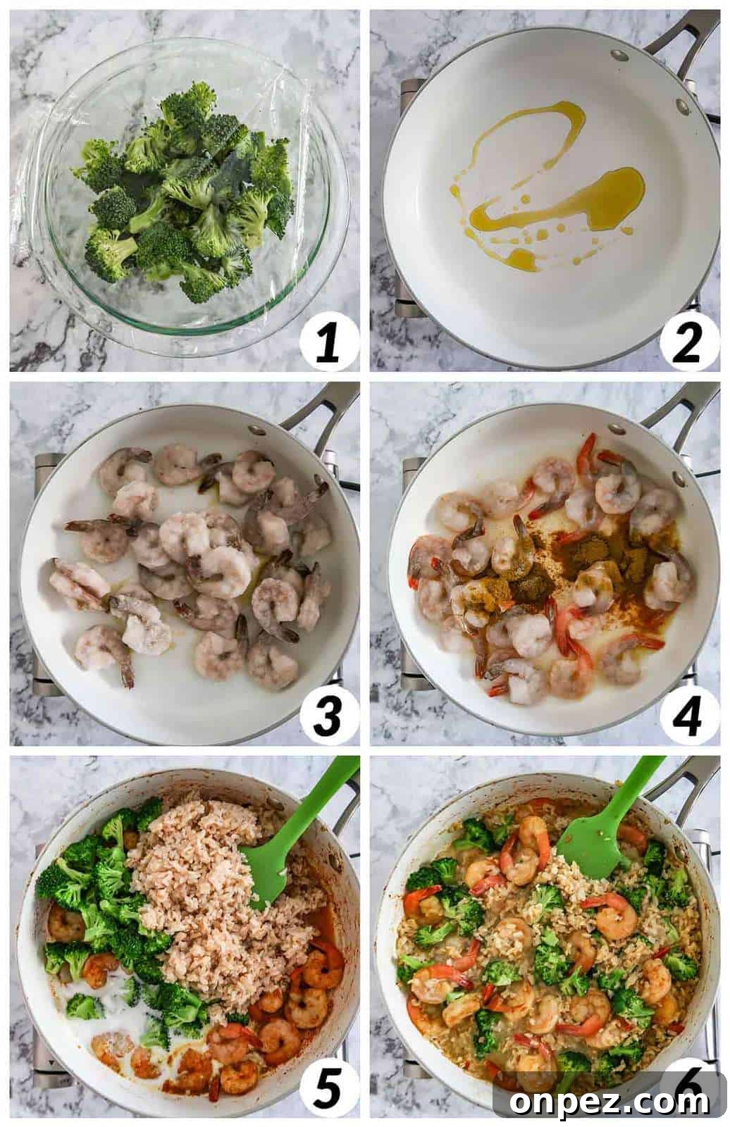 Shrimp and Broccoli Curry over Fragrant Jasmine Rice 4 Process shots for prepping ingredients and cooking in a skillet.