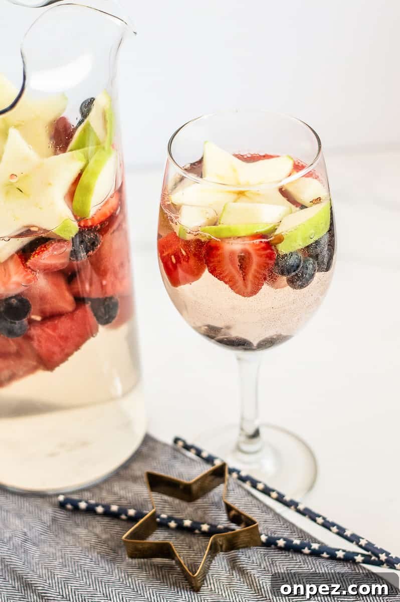 Wine glass with red, white and blue fruit
