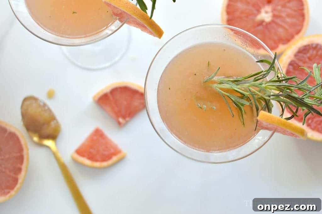 Grapefruit mocktail overhead shot with rosemary