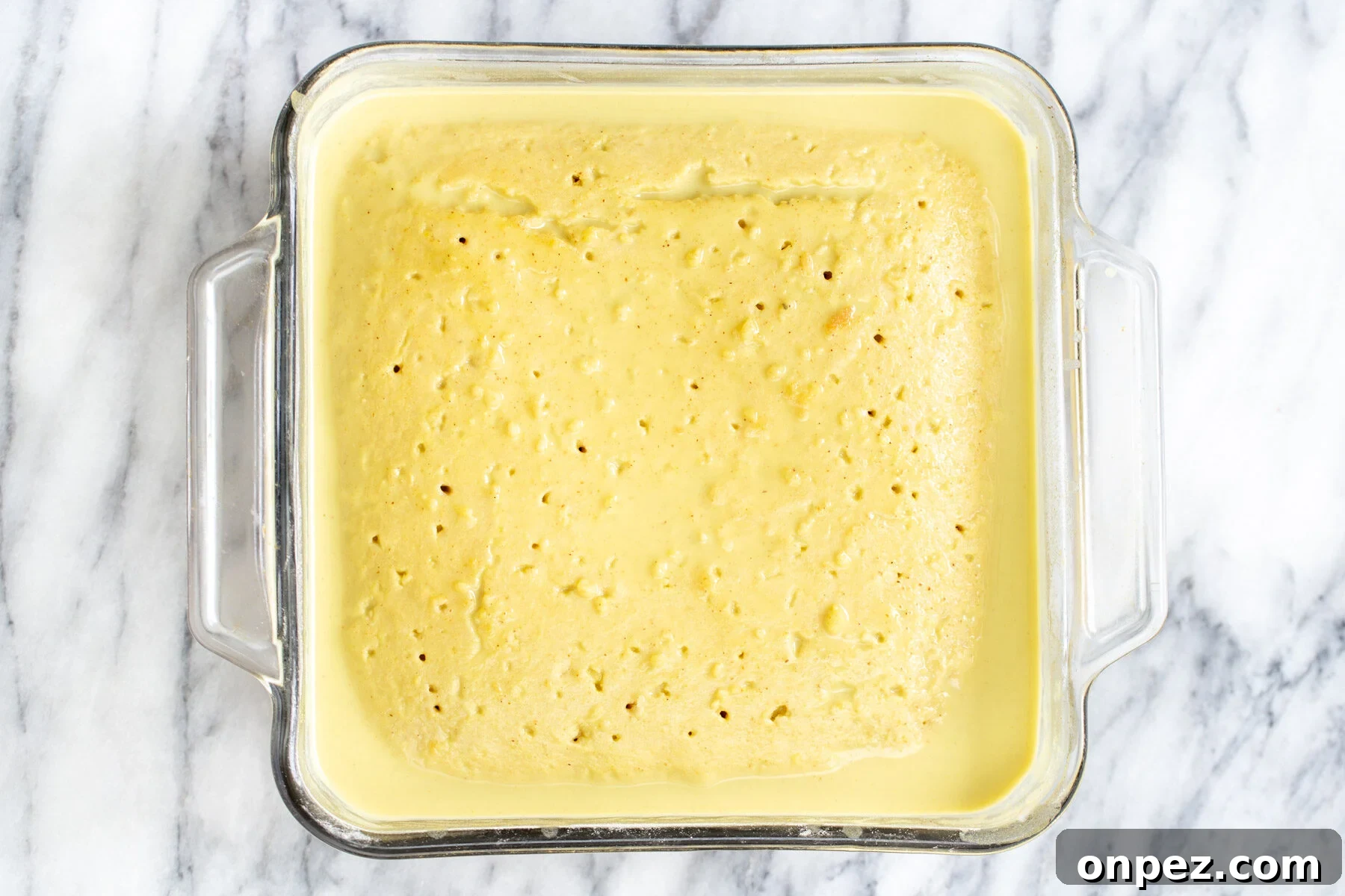 a soaked vegan tres leches cake after chilling