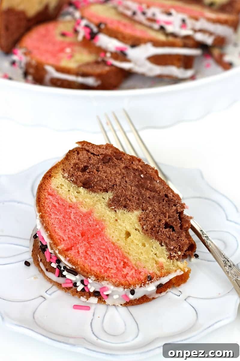 Neapolitan Marble Pound Cake with Chocolate, Vanilla and Strawberry 4 Neapolitan Pound Cake slice