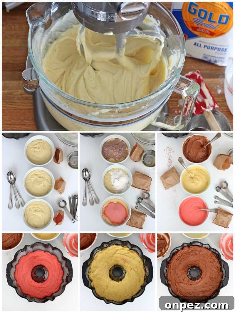 Neapolitan Marble Pound Cake with Chocolate, Vanilla and Strawberry 6 Pound cake glaze and sprinkles