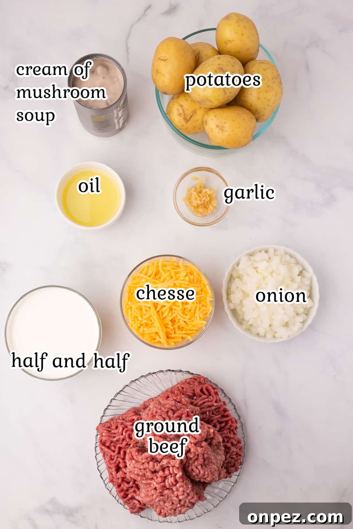 Labeled ingredients list for hamburger potato casserole.