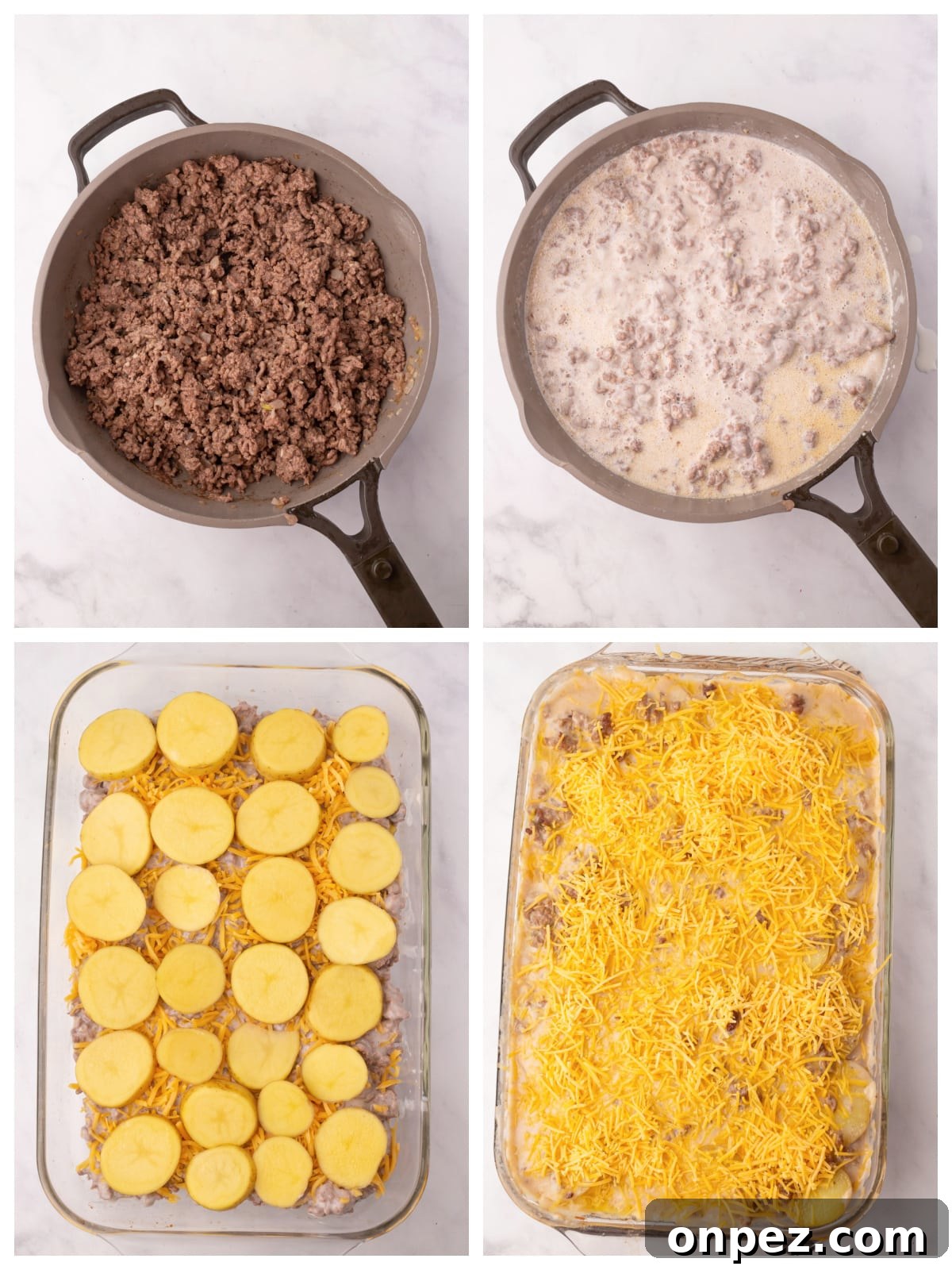 Step by step instructions for hamburger potato casserole.