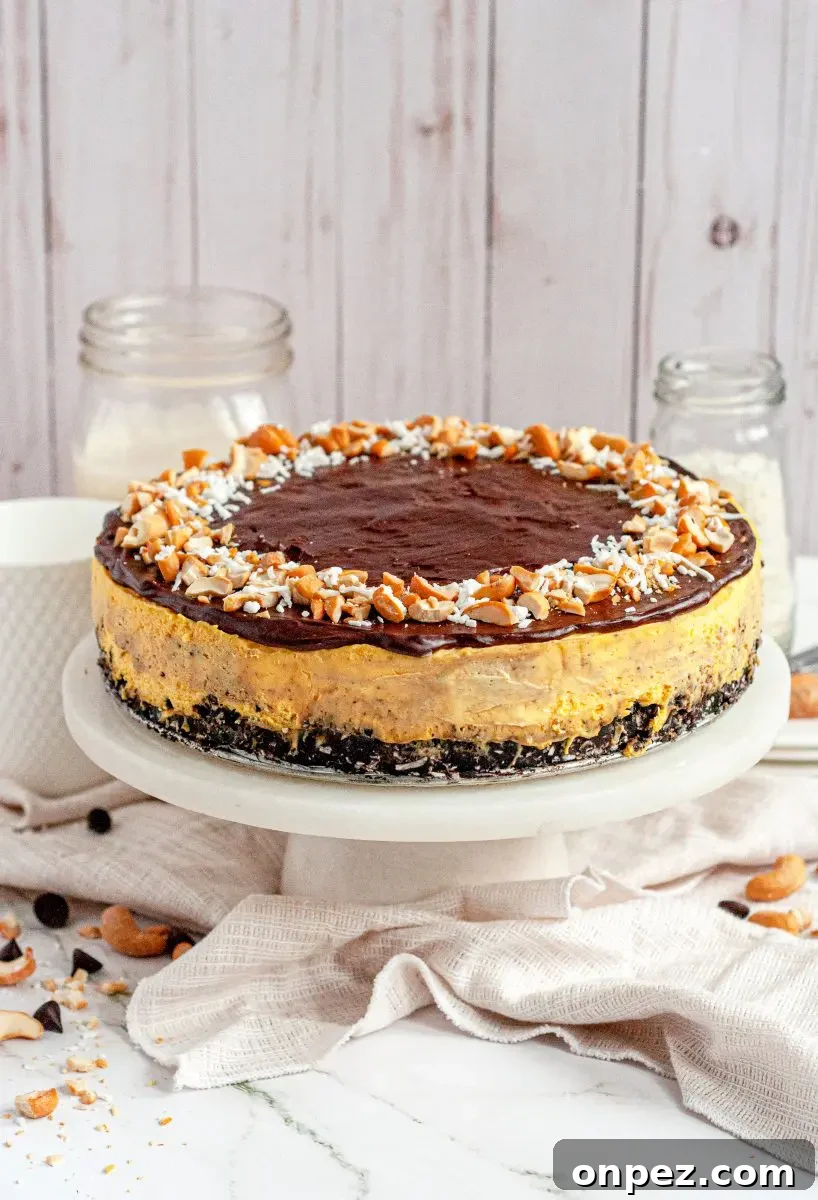 No-Bake Vegan Gluten-Free Nanaimo Bar Cheesecake 2 A no-bake nanaimo bar cheesecake. it has three layers. The bottom layer is a chocolate crust, the middle layer is a yellow custard cheesecake, and the top is a thin layer of dark chocolate topped with white shredded coconut and yellow salted cashews.
