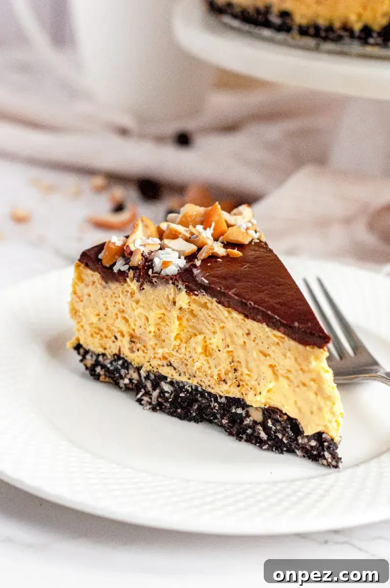 No-Bake Vegan Gluten-Free Nanaimo Bar Cheesecake 3 A slice of no-bake nanaimo bar cheesecake topped with salted cshews and shredded coconut sitting on a white plate with a silver fork behind the cheesecake slice.