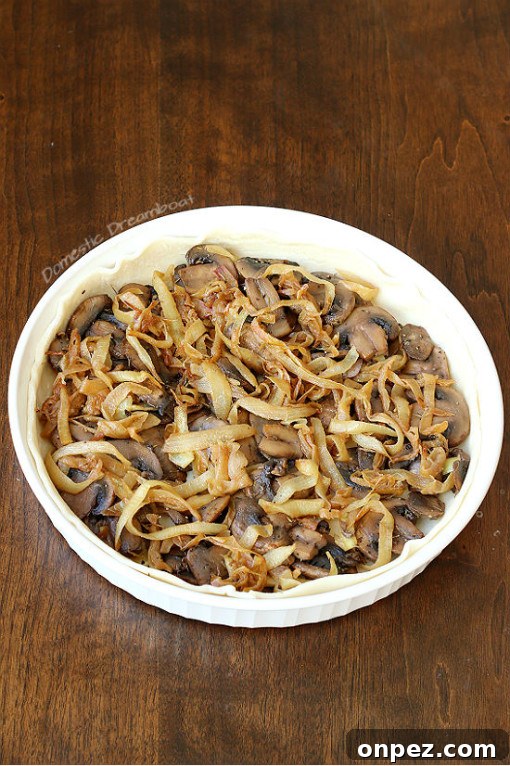 Caramelized Onion and Sauteed Mushrooms in a white tart dish.