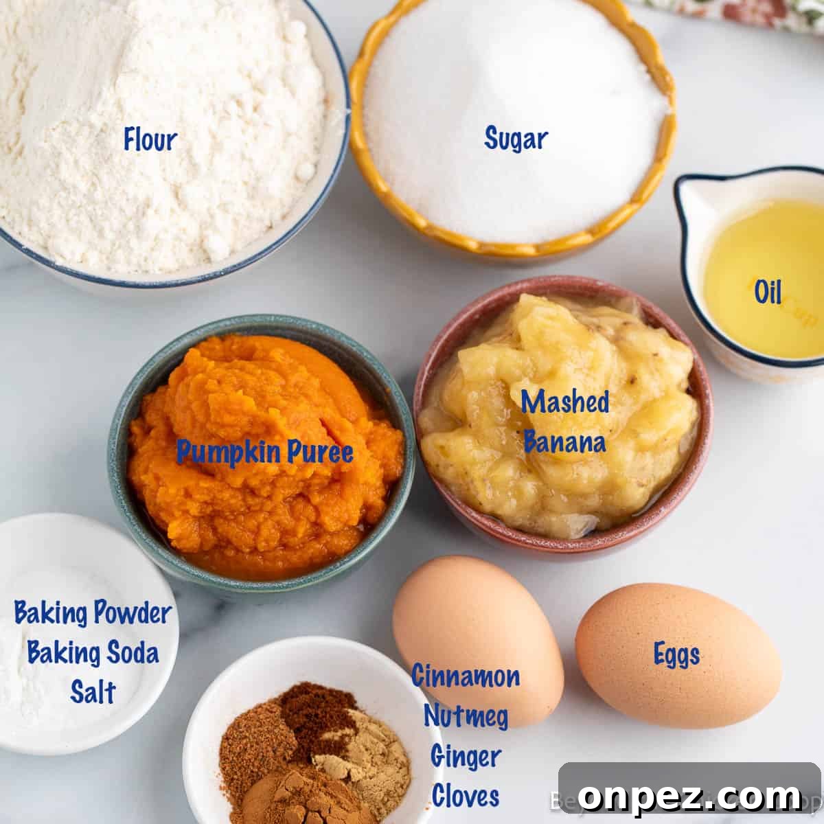 Pumpkin Banana Muffins Recipe with Warm Fall Spices 3 Small bowls of ingredients for making muffins.