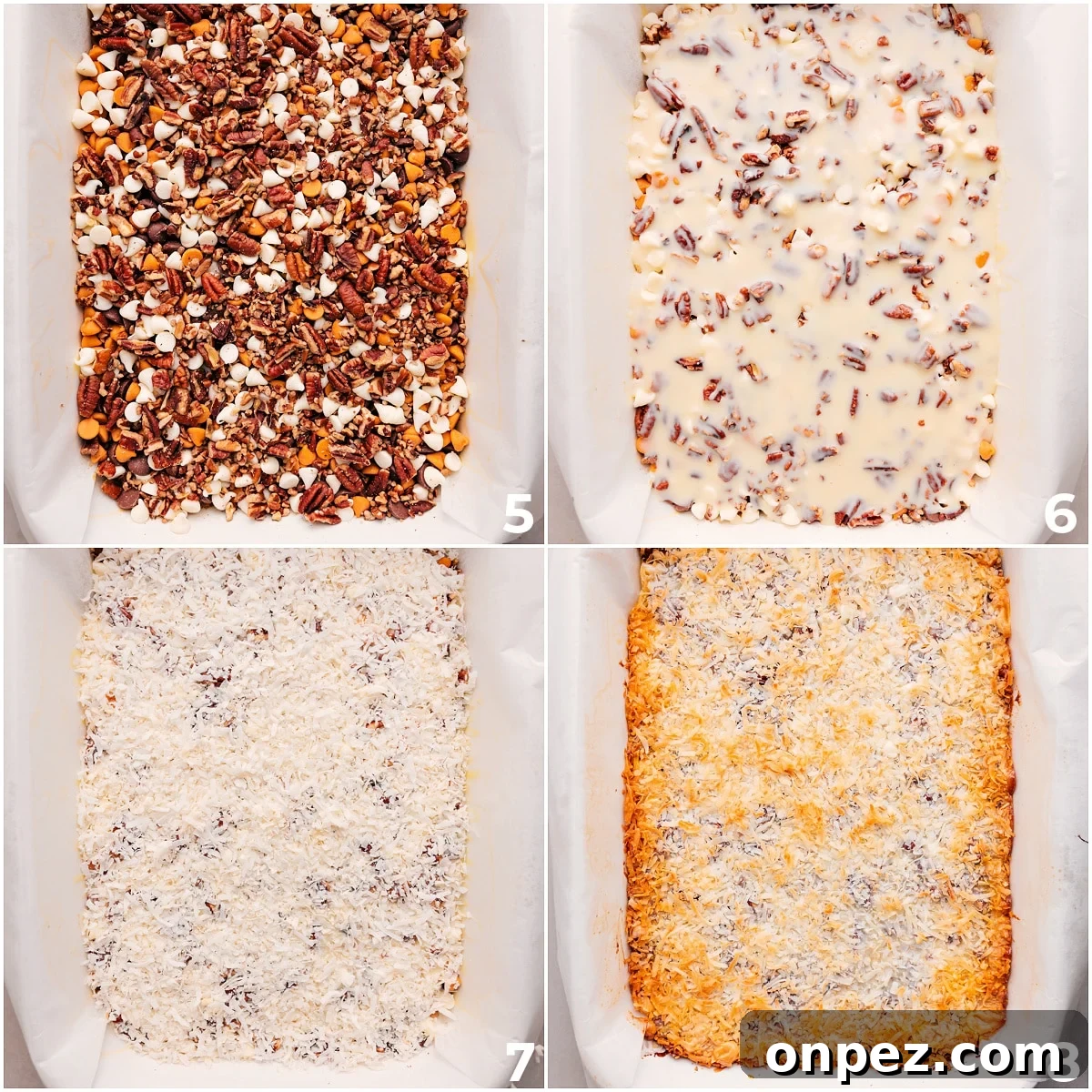 All the ingredients layered onto the graham cracker crust and baked to perfection.