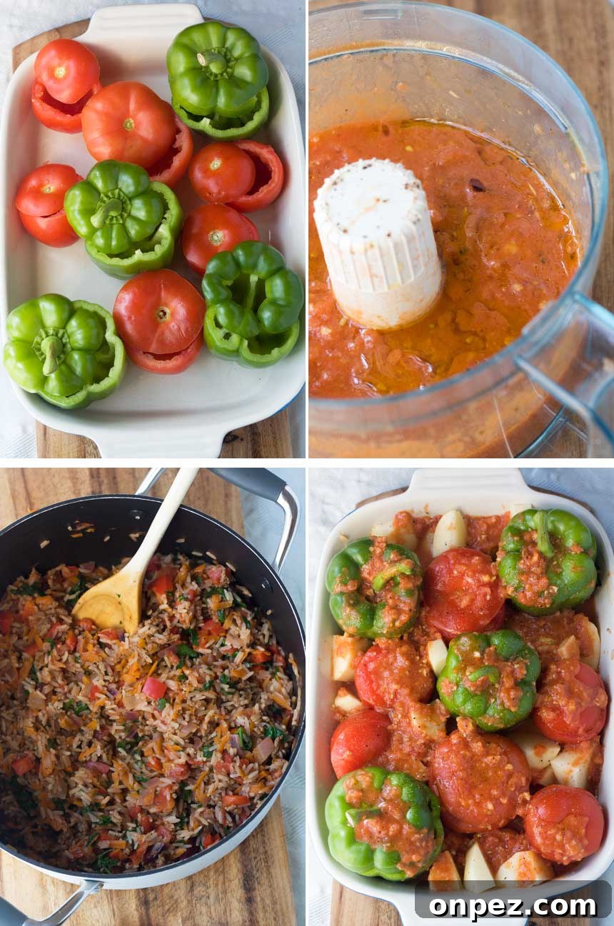 4 process shots showing how to make Greek stuffed tomatoes and peppers