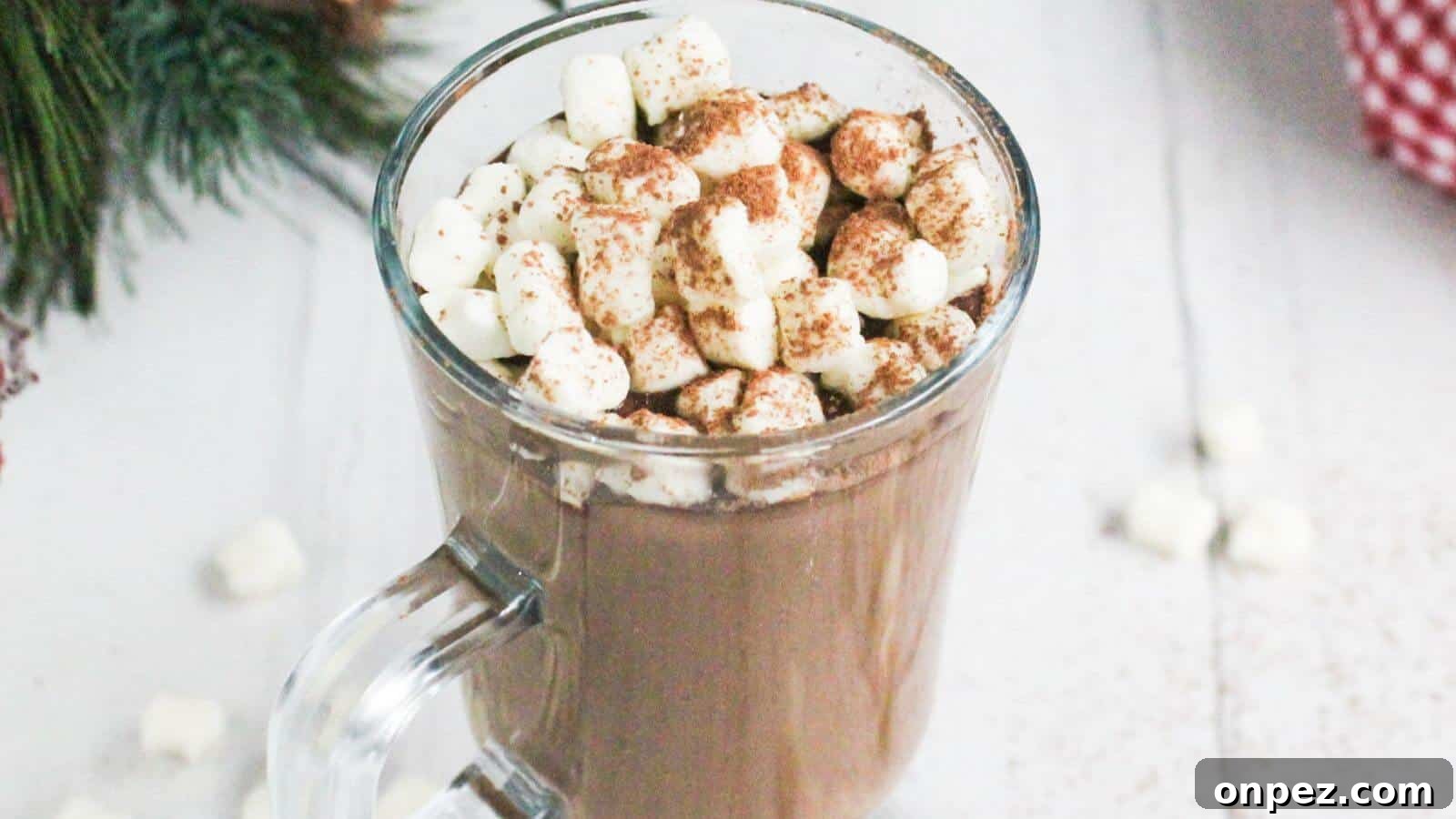 A glass mug filled with hot chocolate, topped with mini marshmallows and a sprinkle of cocoa powder, placed on a white surface.
