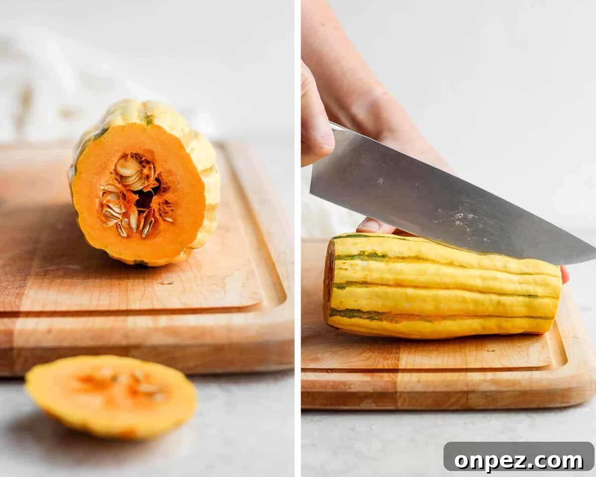 Crispy Roasted Delicata Squash with Parmesan 3 A delicata squash with the end cut off and a large knife cutting through it lengthwise.
