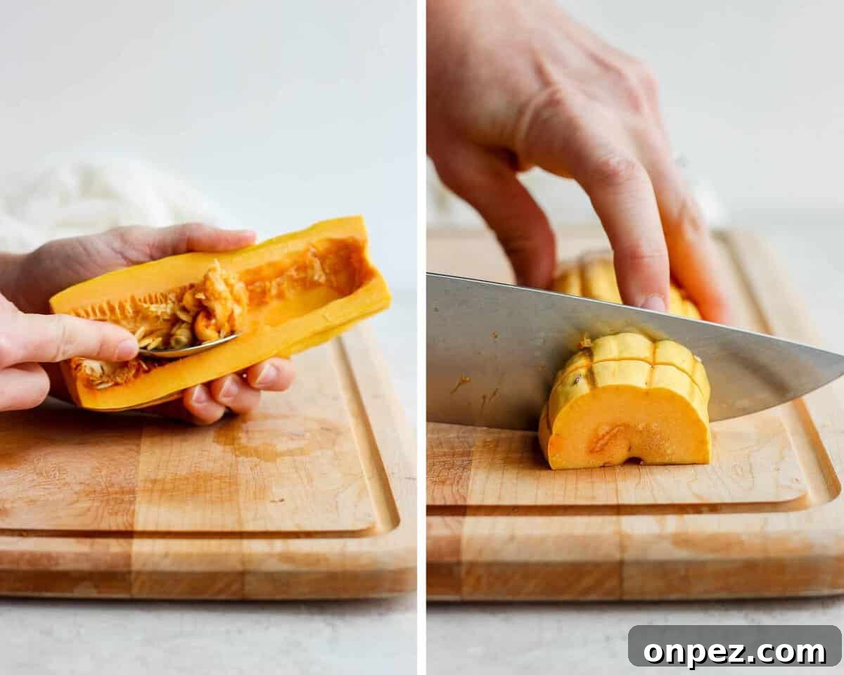 Crispy Roasted Delicata Squash with Parmesan 4 A hand scooping out the delicata squash seeds with a spoon and a knife cutting the squash in to slices.