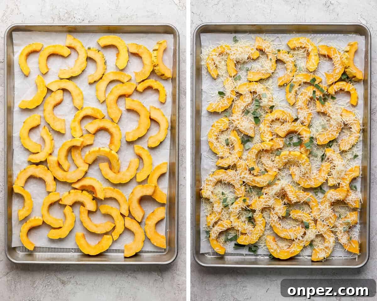 Crispy Roasted Delicata Squash with Parmesan 5 Slices of delicata squash on a parchment lined baking sheet and then sprinkled with cheese and chopped sage.