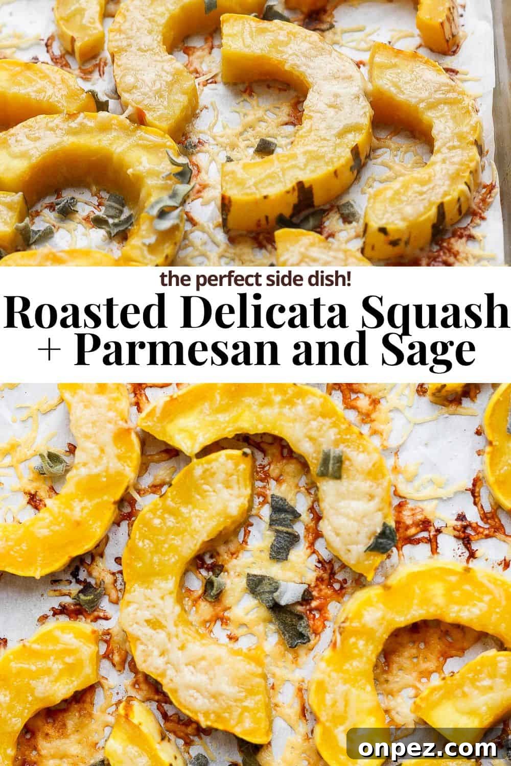 Crispy Roasted Delicata Squash with Parmesan 7 Pinterest image with the title Roasted Delicata Squash + Parmesan and Sage the perfect side dish.