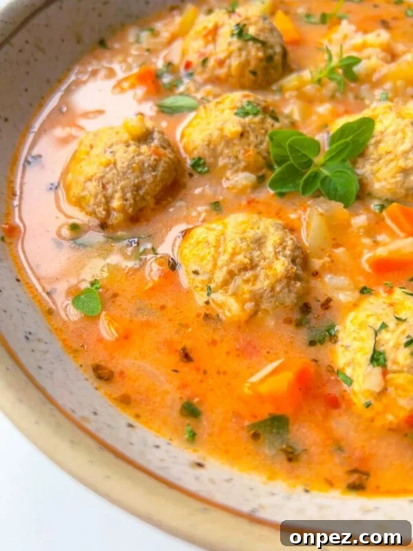 Homemade Hamburger Helper Recipe 8 A close-up of a bowl of soup with meatballs, diced carrots, rice, herbs, and a creamy orange broth, garnished with fresh green herbs.
