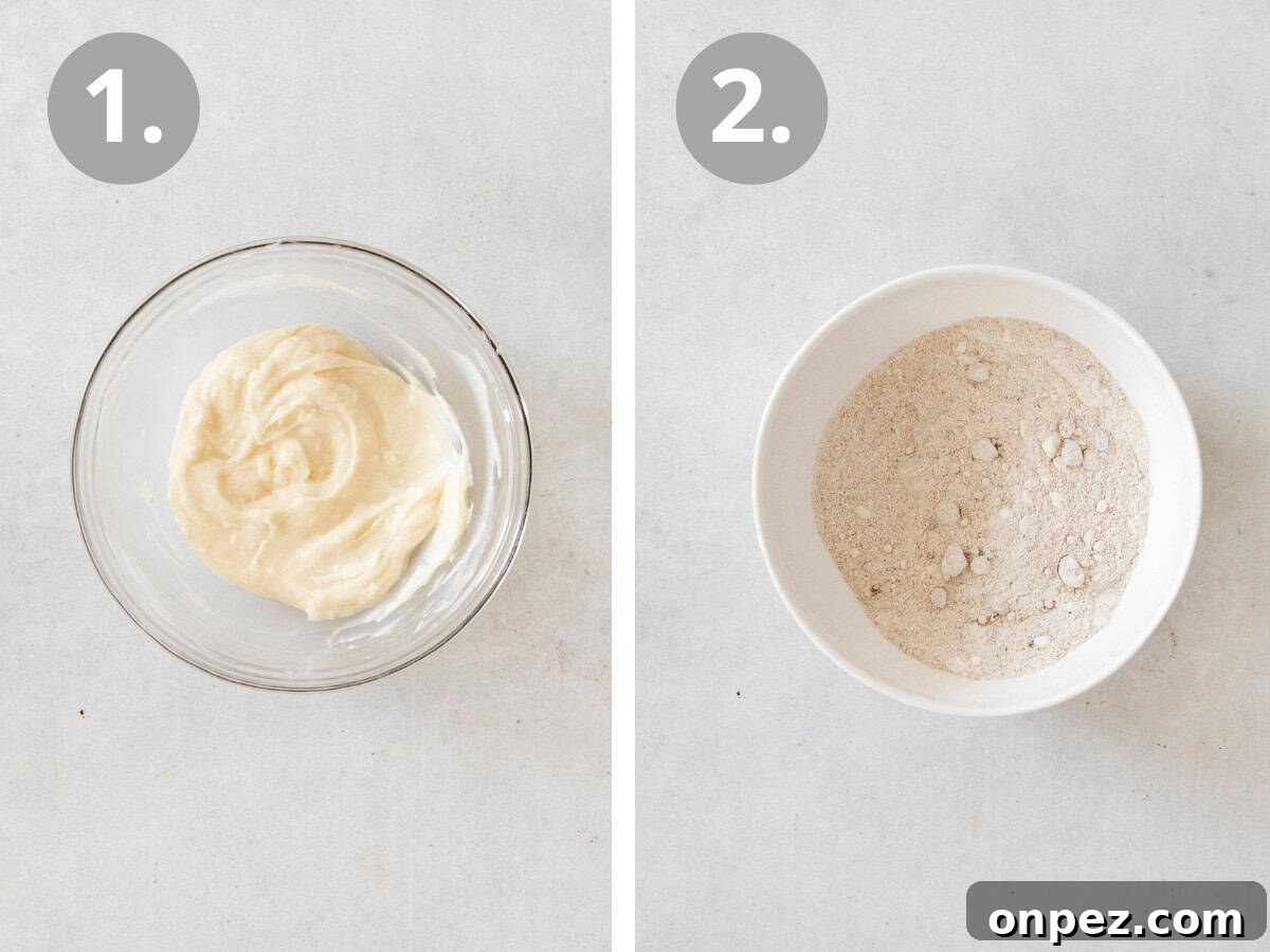 Gluten-free pumpkin cream cheese muffins side-by-side photo of instructions: cream cheese and sugar in a bowl and dry ingredients in a bowl.