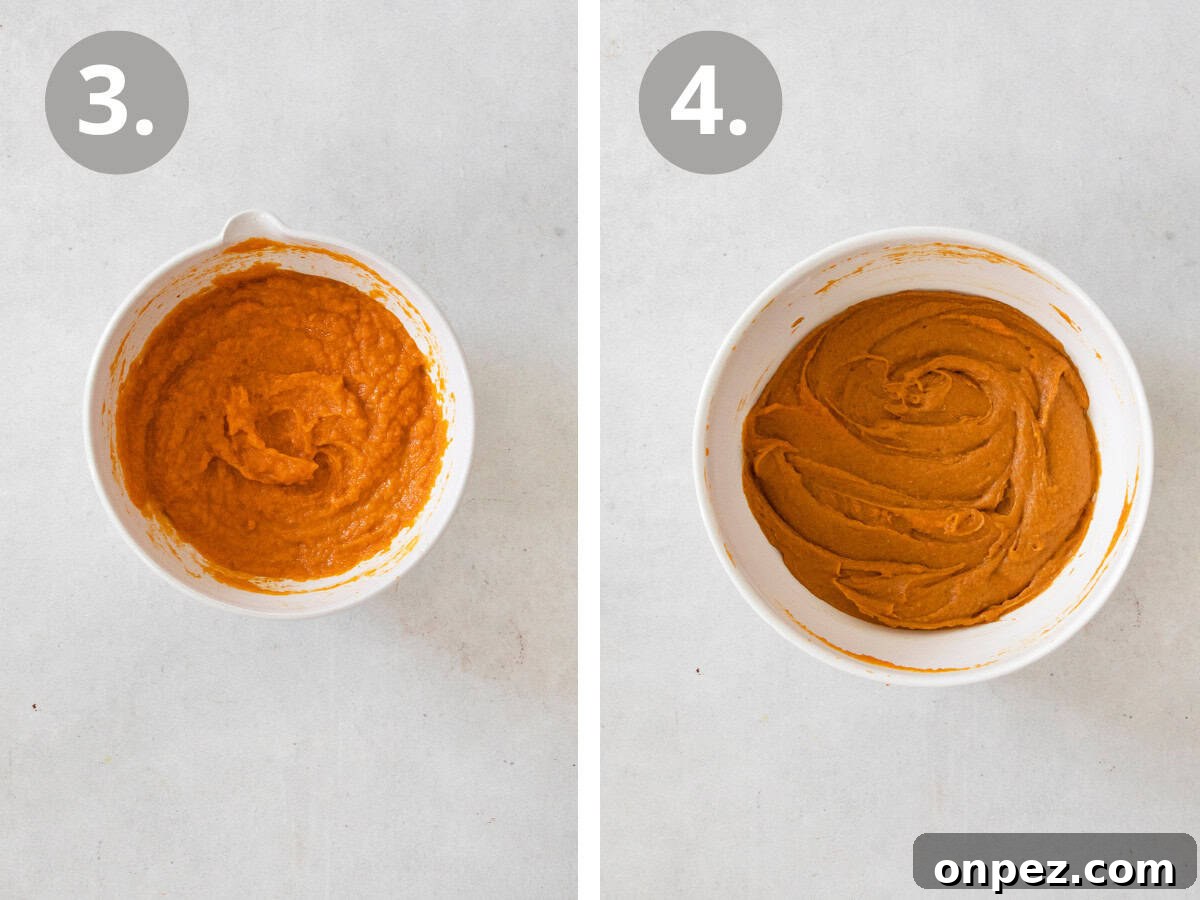Gluten-free pumpkin cream cheese muffins side-by-side photo of instructions: pumpkin puree in a bowl and dry ingredients mixed into the bowl.