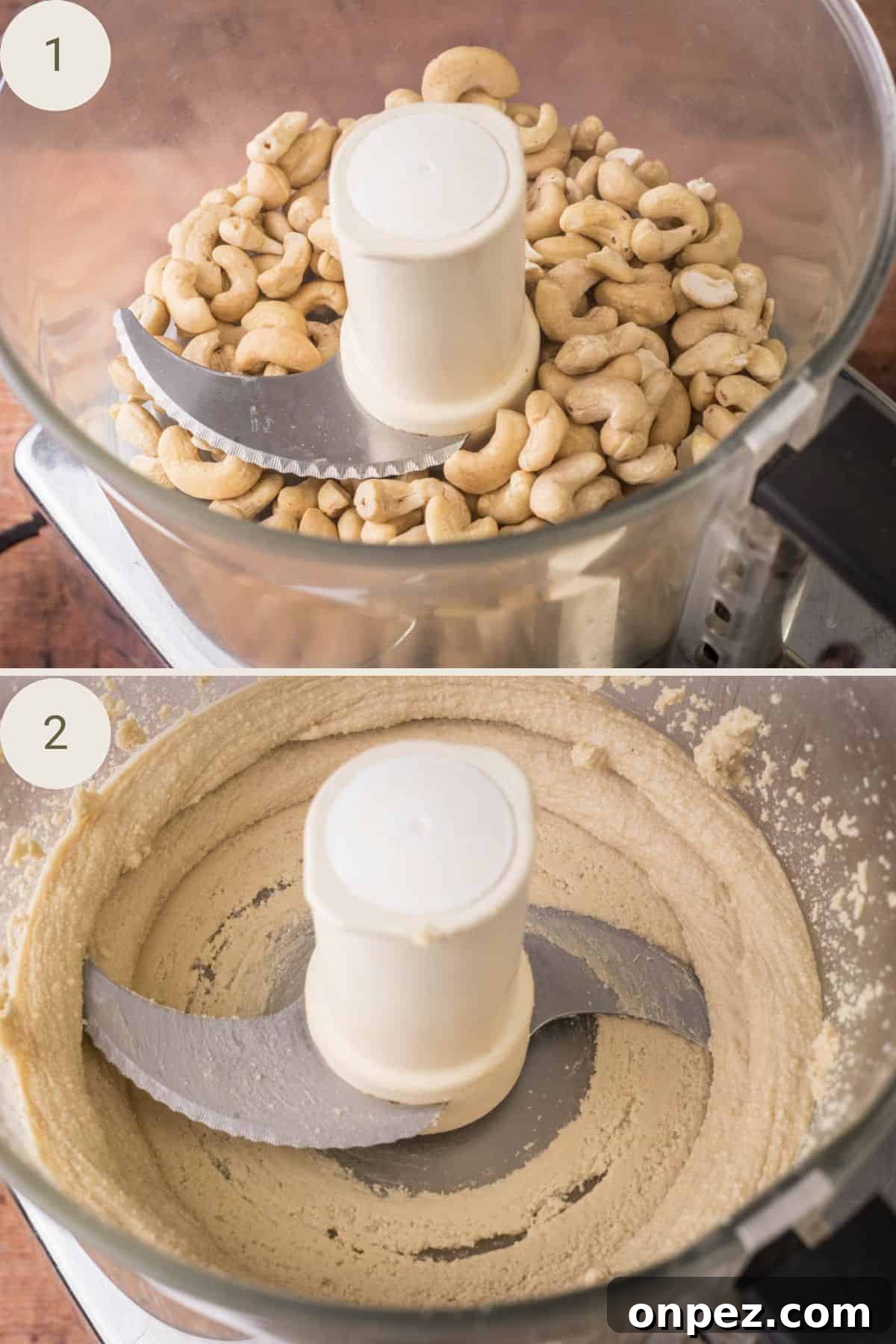 Raw cashews in a food processor then smooth after processing.