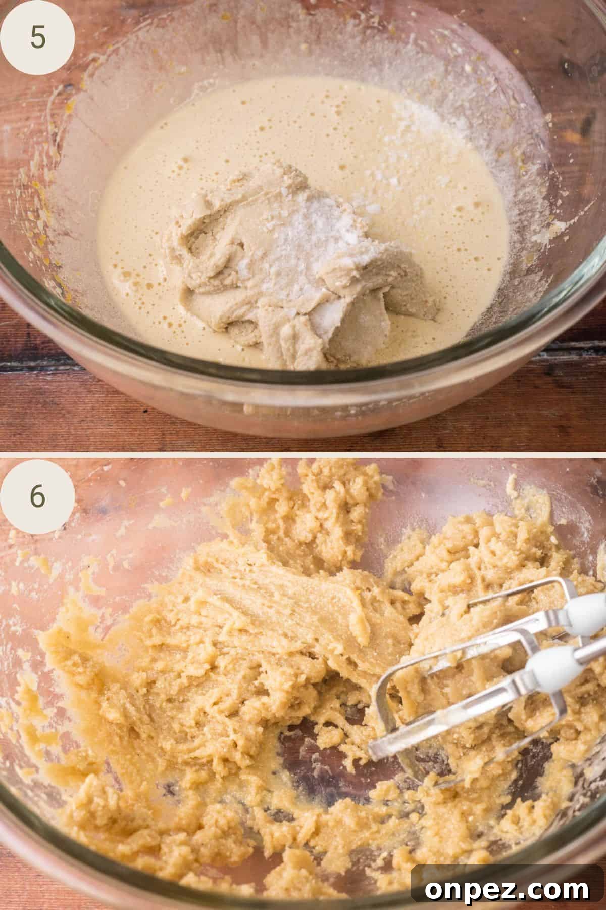 Cashew butter, bicarbonate of soda and salt added to liquid ingredients. Mixed to smooth and thick.