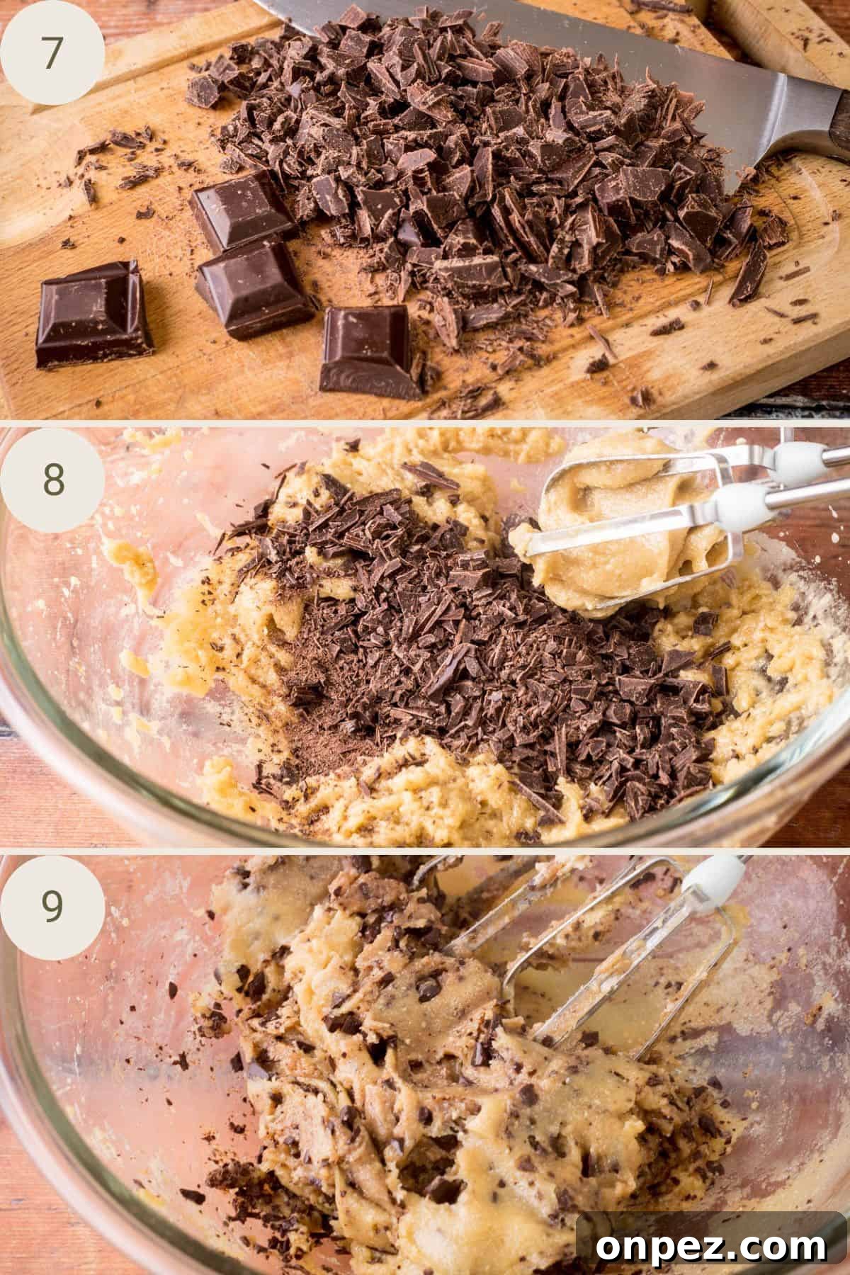 Chocolate chopped on a chopping board, mixed into cookie dough batter.