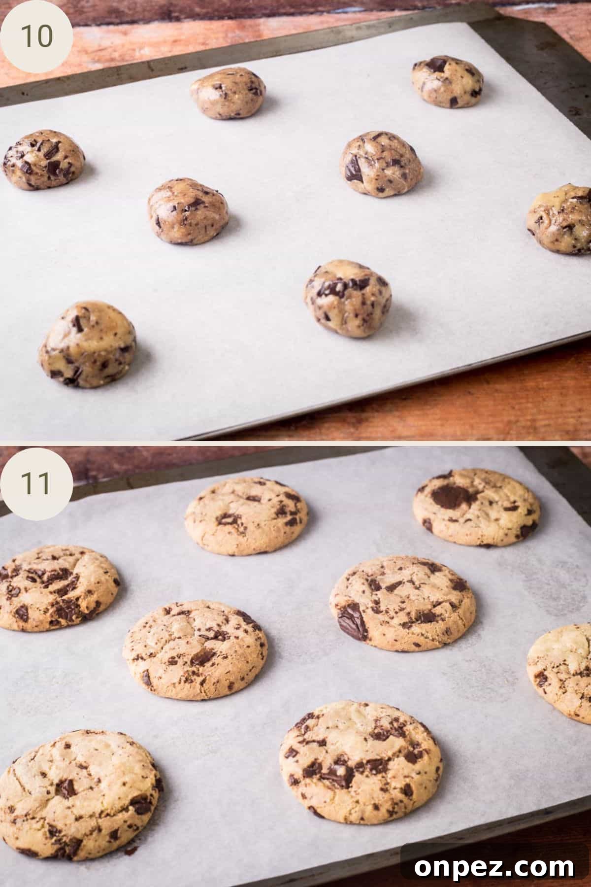 Cookie dough balls on a baking tray before and after baking.