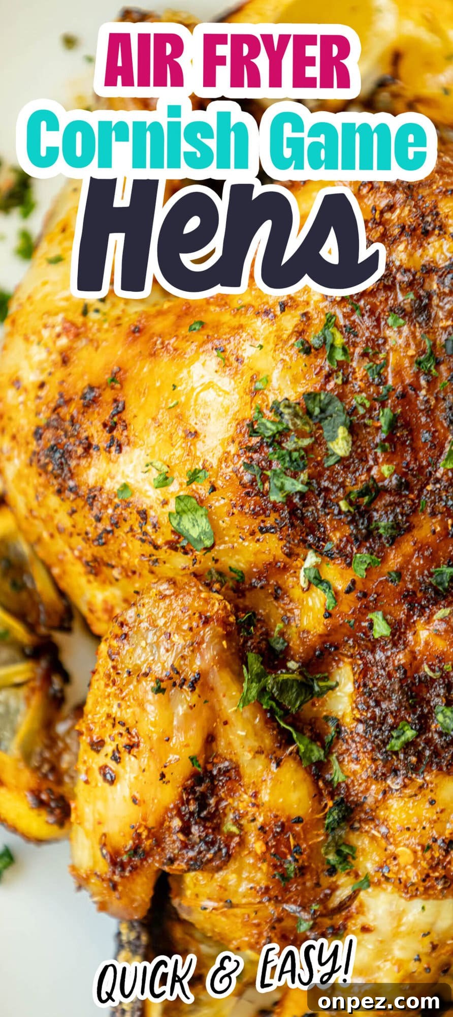 Crispy Air Fryer Cornish Hens Recipe with Herb Butter 13 air fried cornish game hens seasoned with herbs and topped with chopped parsley on a white plate