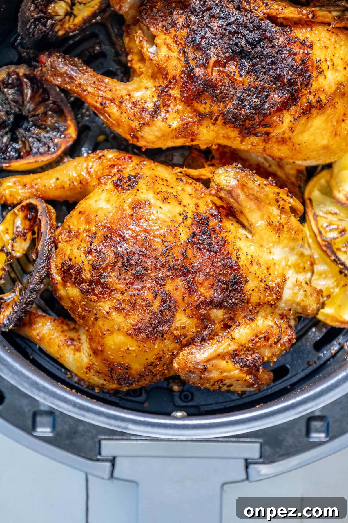 Crispy Air Fryer Cornish Hens Recipe with Herb Butter 10 air fried cornish game hens seasoned with herbs in an air fryer basket