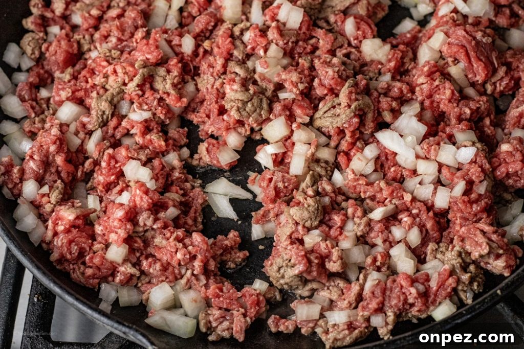 ground beef and diced onion in a cast iron pan