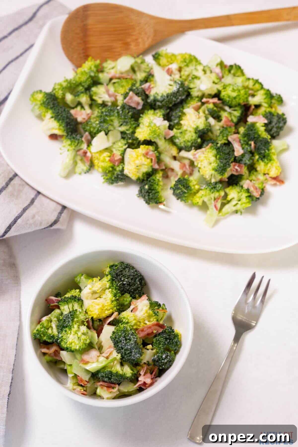 broccoli salad in small bowl and on platter.