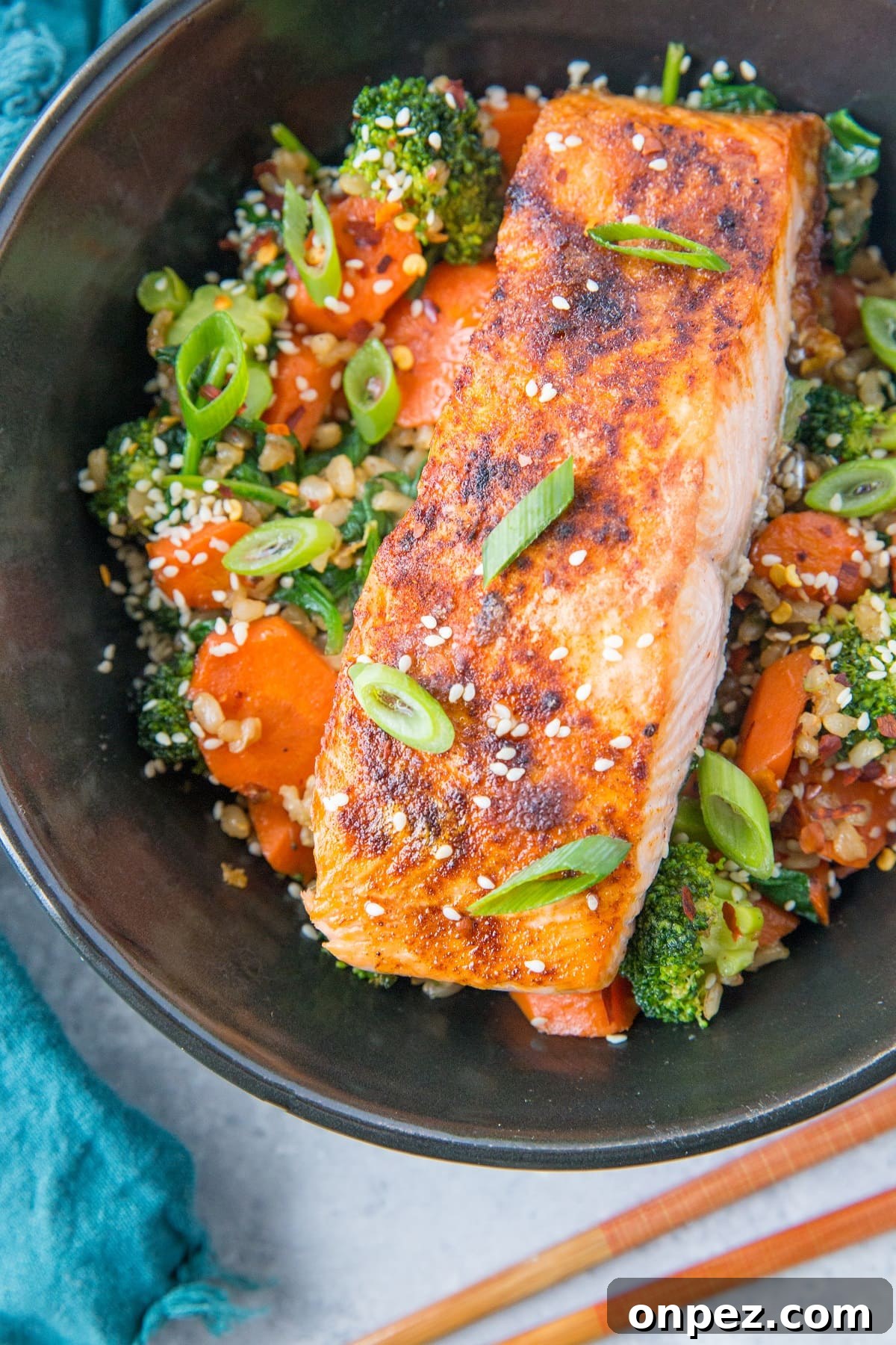Crispy Paprika Salmon Bowls with Ginger Vegetables and Rice