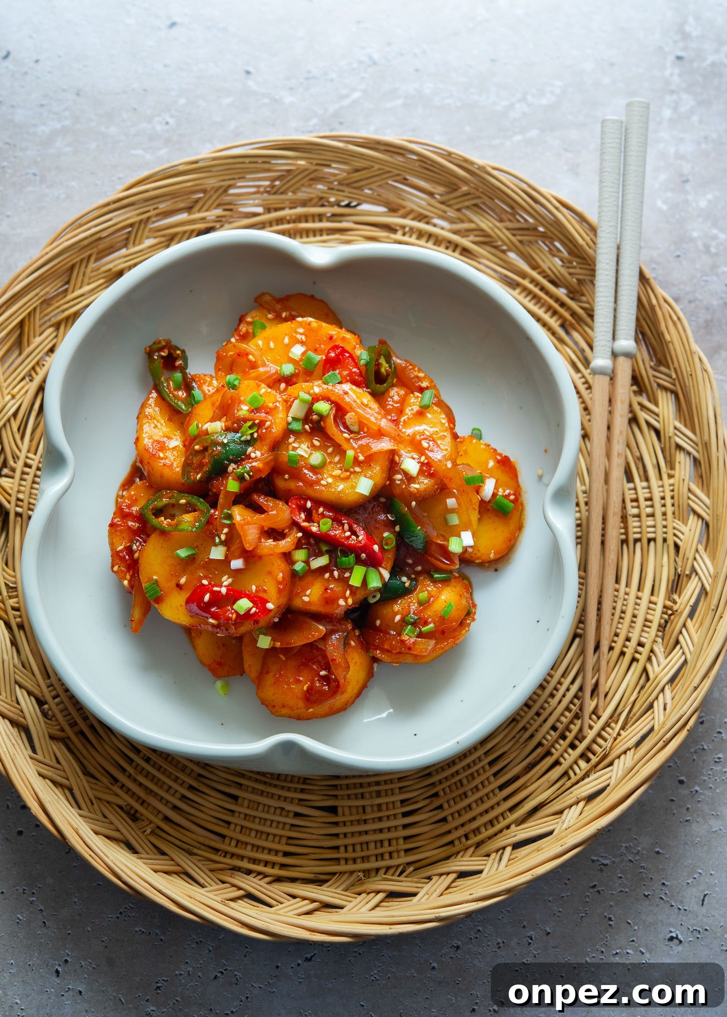 Korean spicy potato side dish in a serving dish.