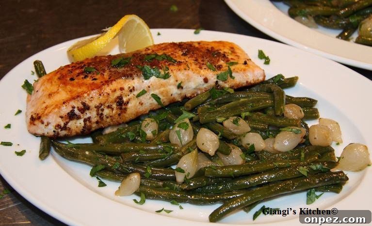 Pan-Seared Salmon with Green Beans and Pearl Onions 2 green beans with pearl onions and salmon