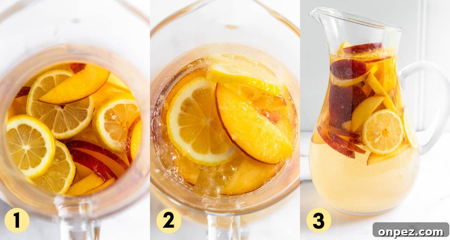 Ginger Peach White Wine Sangria Recipe 4 Fruit and wine poured into pitcher.