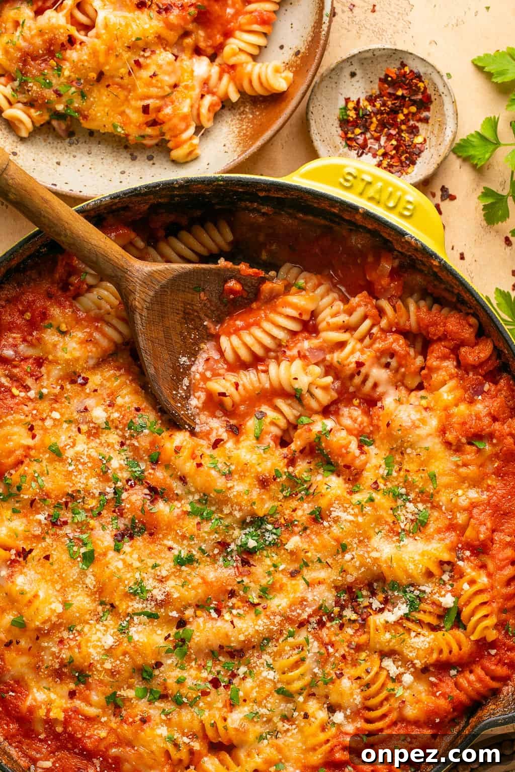 Spicy Fusilli with Chili Tomato Sauce 3 Spicy Fusilli Pasta with wooden spoon