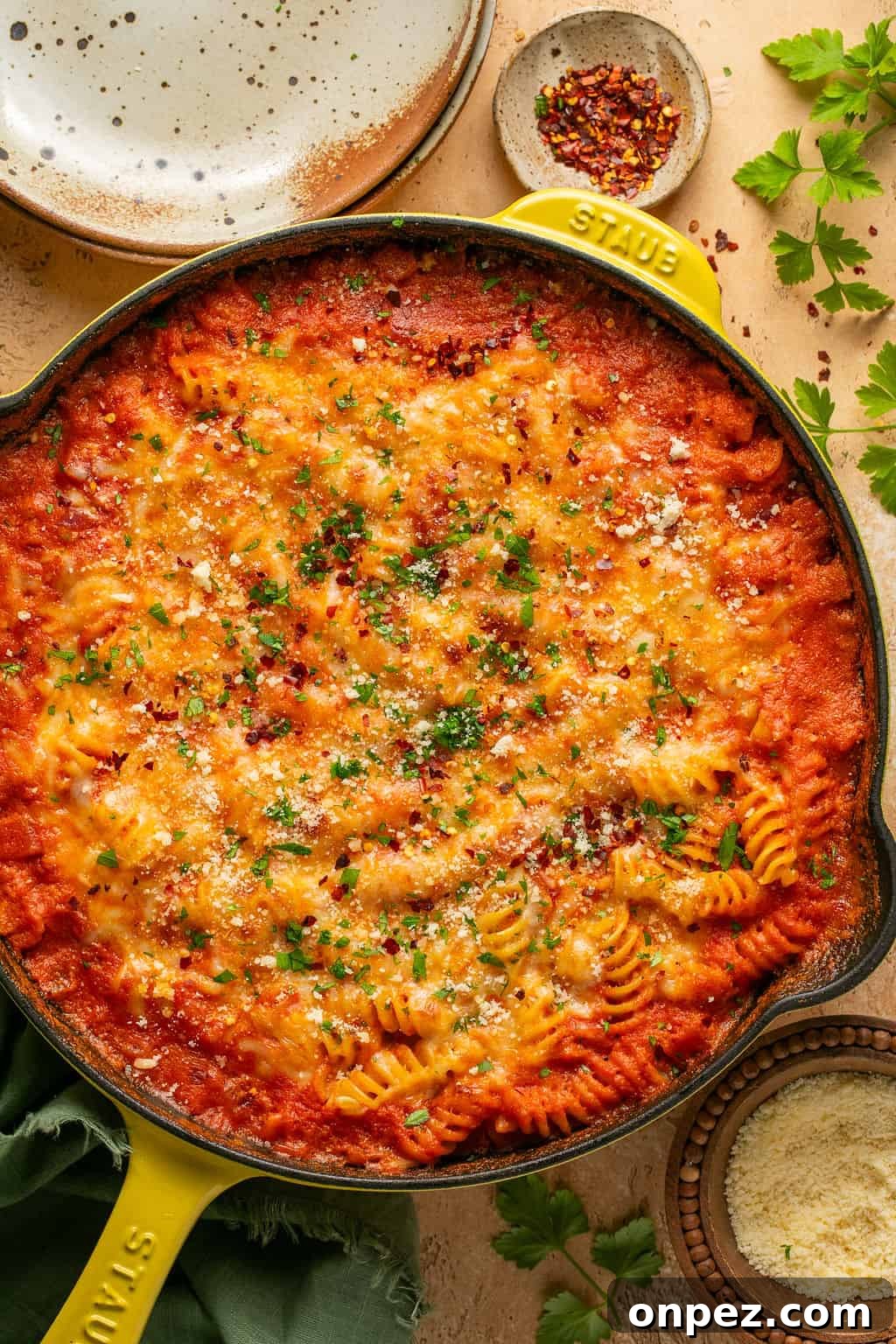 Spicy Fusilli with Chili Tomato Sauce 6 Spicy Fusilli Pasta in yellow pot