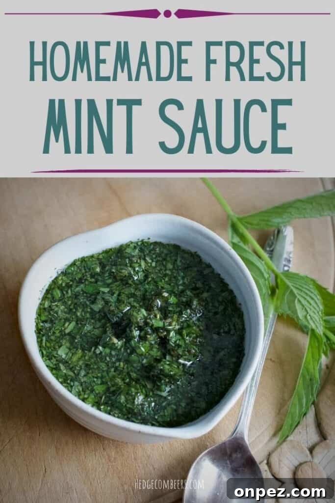 Homemade Mint Sauce Recipe for Lamb and Roasts 2 Small white bowl filled with fresh homemade mint sauce on a wooden chopping board