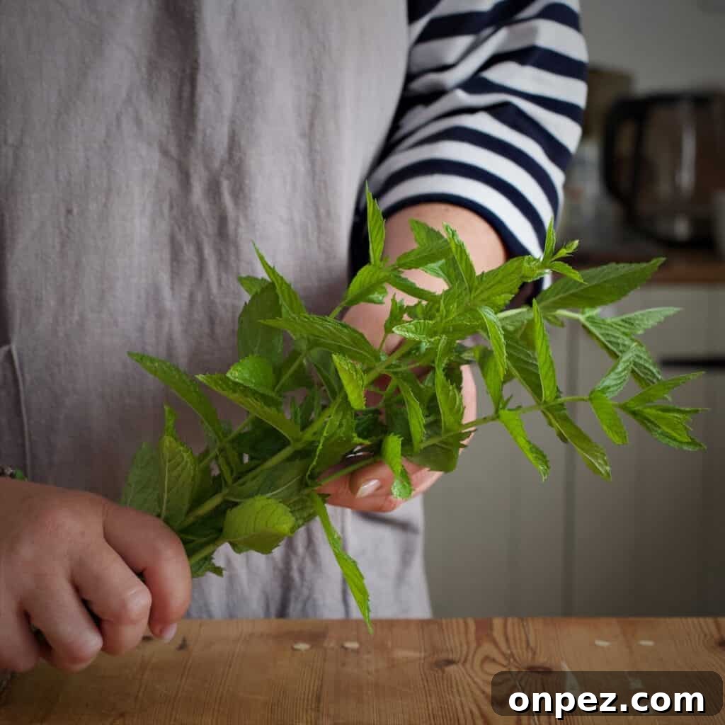 Homemade Mint Sauce Recipe for Lamb and Roasts 3 Woman in grey holding a bunch of fresh mint