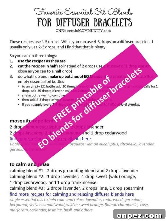 15 Essential Oil Blends for Diffuser Bracelets and Free Printable 3 a diffuser bracelet is a great way to always have your favorite essential oils with you. But what essential oils do you put onto your bracelet? Here are 15+ bracelet diffuser recipes for repelling bugs, energy, focus, calming, uplifting, and comfort.