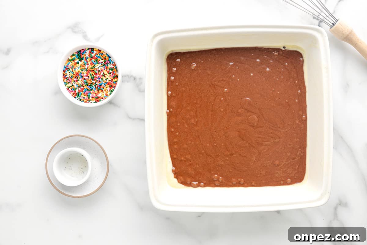 Classic Depression-Era Chocolate Cake (No Eggs, No Milk) 6 a bowl of chocolate cake with sprinkles and a whisk.
