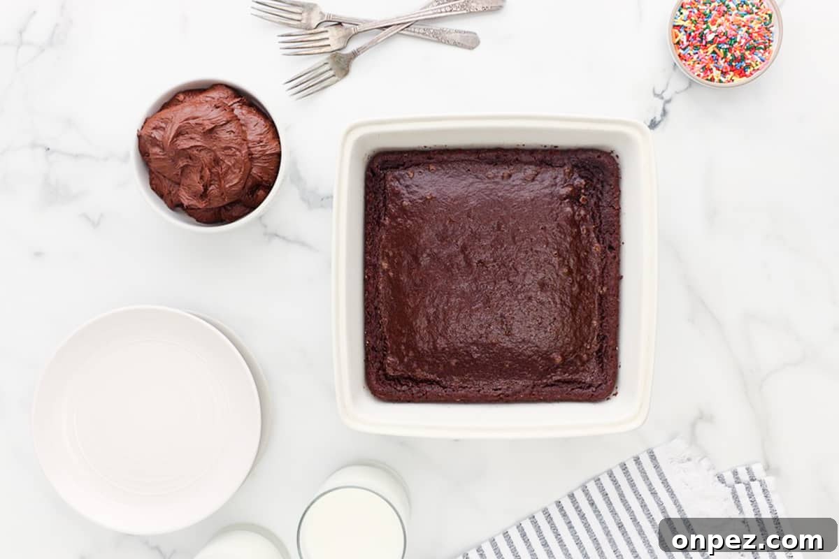 Classic Depression-Era Chocolate Cake (No Eggs, No Milk) 7 a white baking dish with a chocolate cake in it.