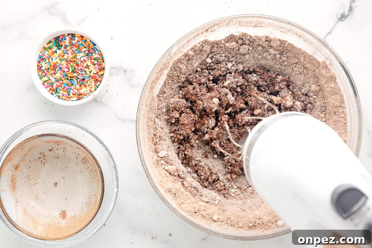 Classic Depression-Era Chocolate Cake (No Eggs, No Milk) 8 a person is mixing chocolate and sprinkles in a bowl.
