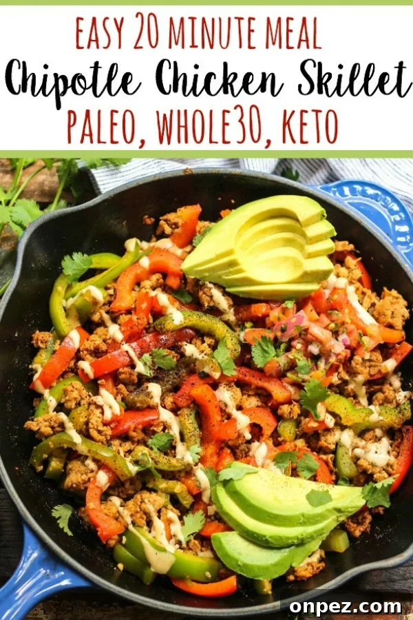 Chipotle Chicken Skillet: Whole30 Paleo Keto GF 2 This Whole30 chipotle chicken skillet checks all of my boxes. Paleo, low carb, gluten free, you name it. In under 20 minutes you've got a family friendly chicken dinner on the table or ready to be put in the fridge for meal prep. It's easy to make this Whole30 chicken recipe your own by swapping the veggies!